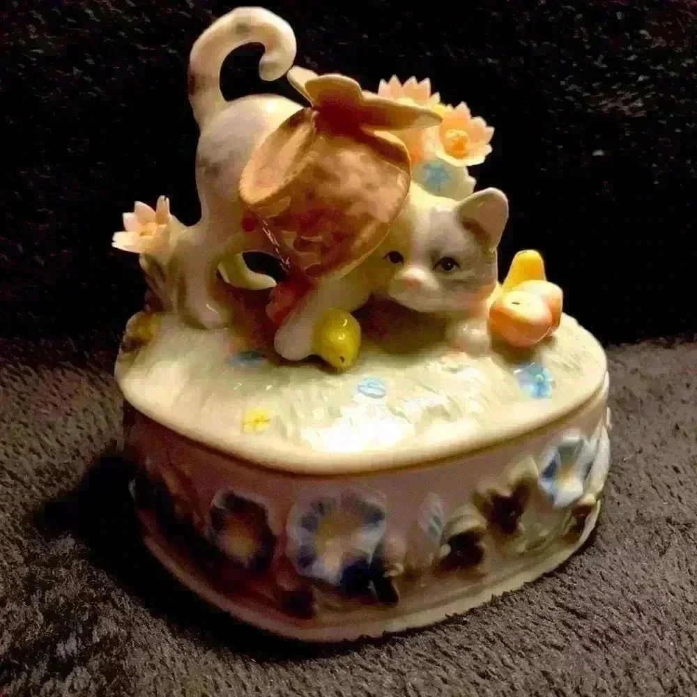 Cat and Butterfly Heart Shaped Trinket Porcelain Box